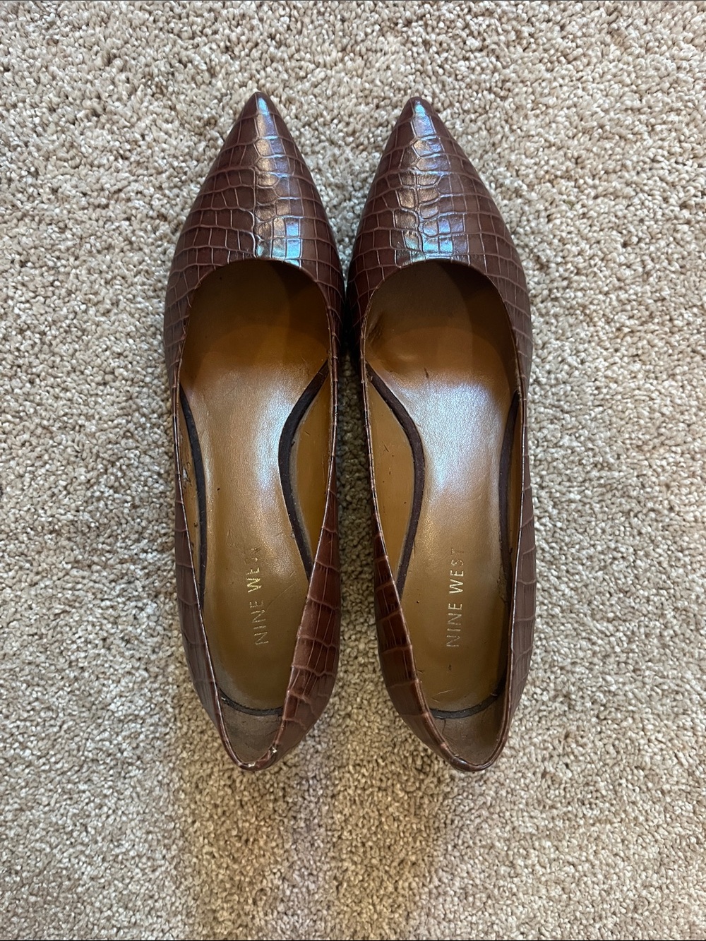 Nine West Brown Croc-Embossed Pointed-Toe Heels